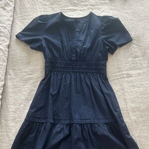 Quince Navy Short-Sleeve Smocked Waist Mini Dress